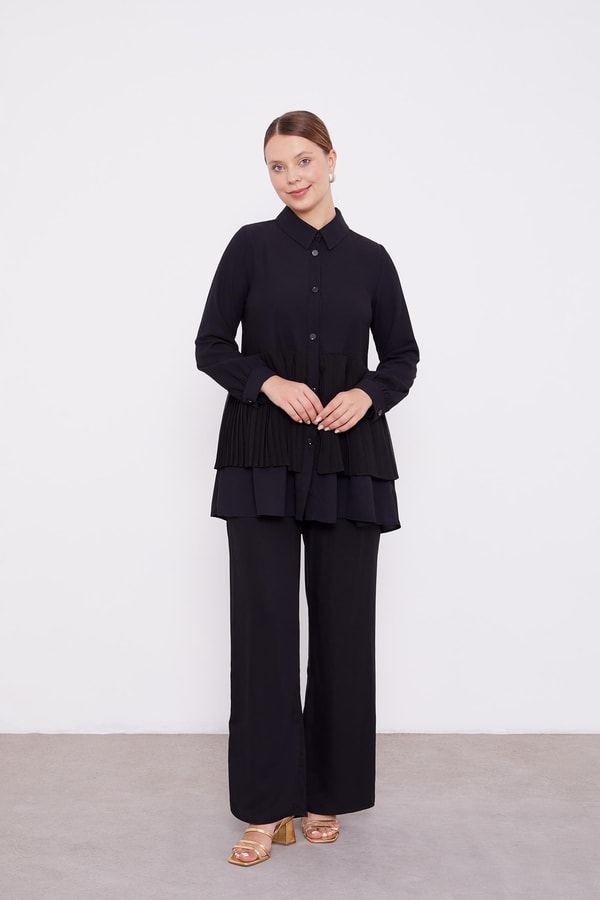 Siyah Şifon Pileli Gömlek İkili Takım