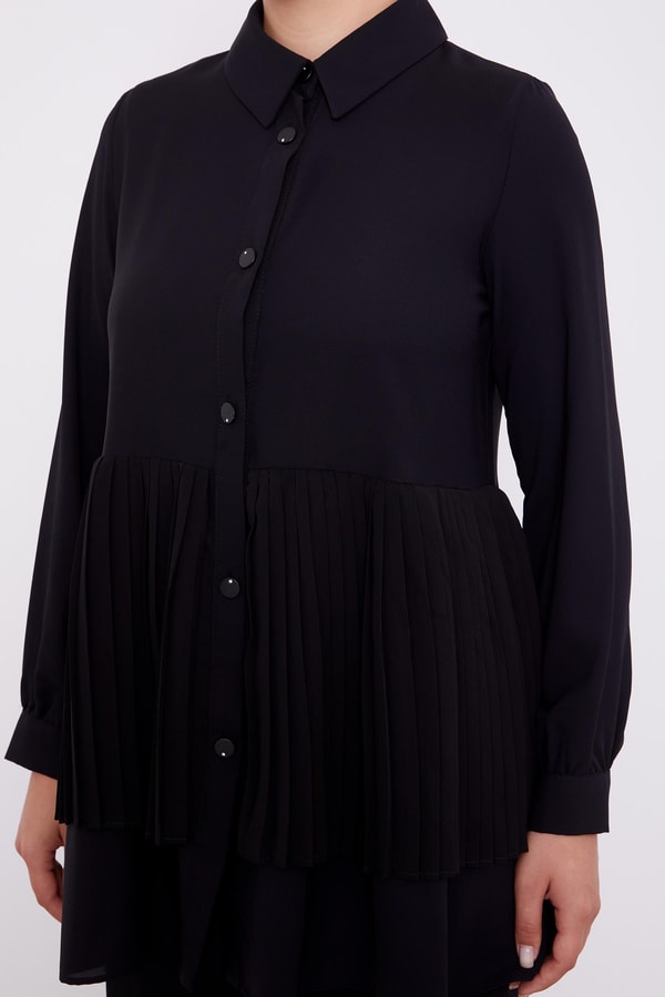 Siyah Şifon Pileli Gömlek İkili Takım