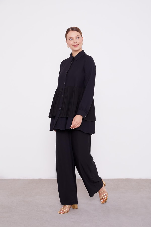 Siyah Şifon Pileli Gömlek İkili Takım