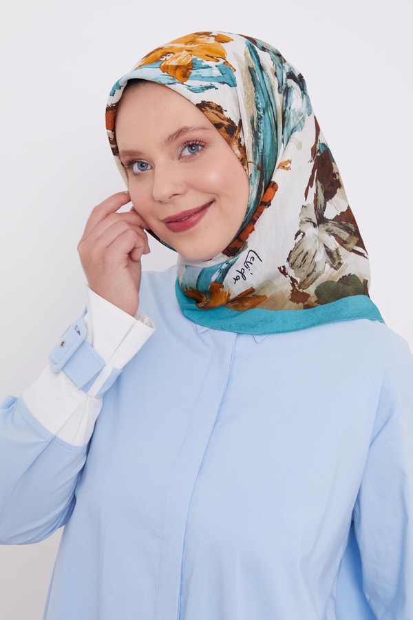 Soyut Desen Modal İpek Eşarp Turkuaz