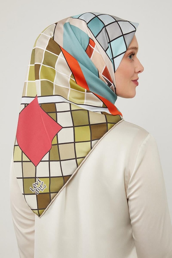 Turuncu Dama Desenlli Trend Twill Eşarp