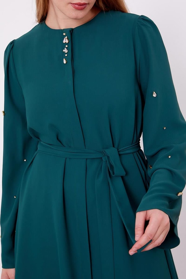 Zümrüt Yeşili Bisiklet Yaka Taş Detaylı İkili Takım