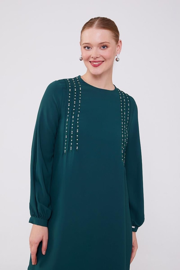 Zümrüt Yeşili Boncuk İşlemeli Tunik Takım