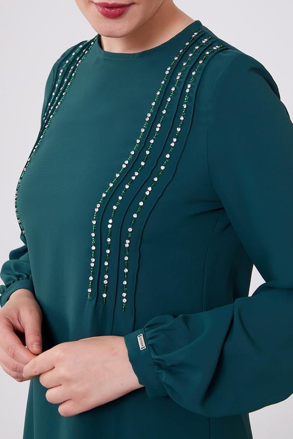 Zümrüt Yeşili Boncuk İşlemeli Tunik Takım