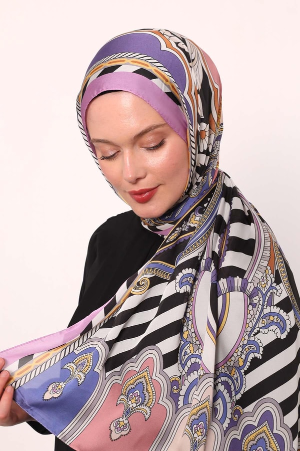 Lila Çizgili Hint İpeği Şal