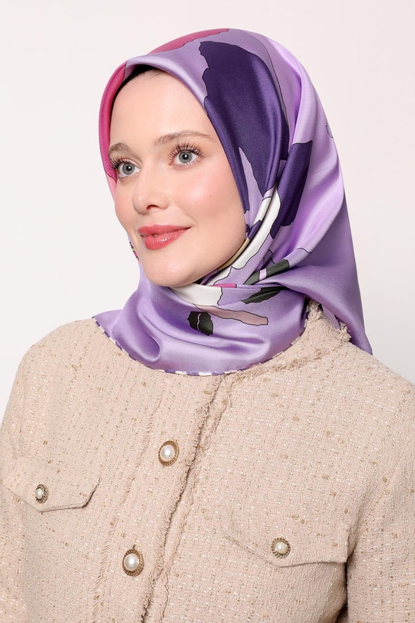 Lila Çizim Çiçek Desen Twill İpek Eşarp
