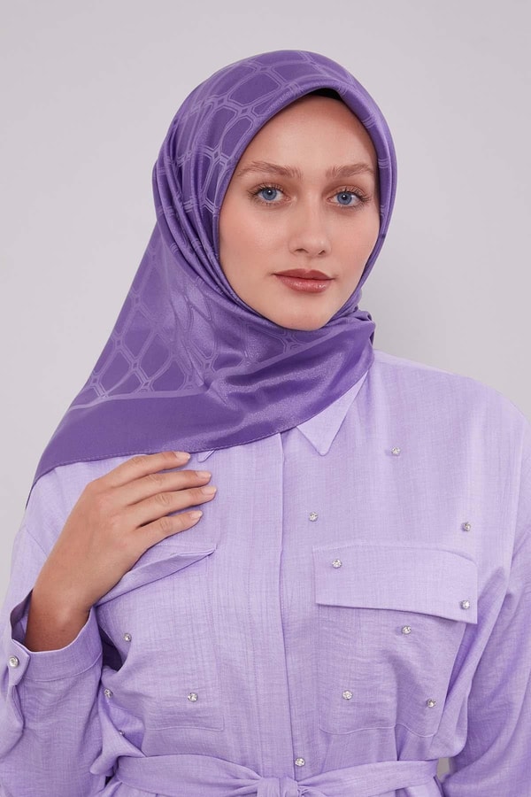 Lila Geometrik Kristal Jakar Eşarp