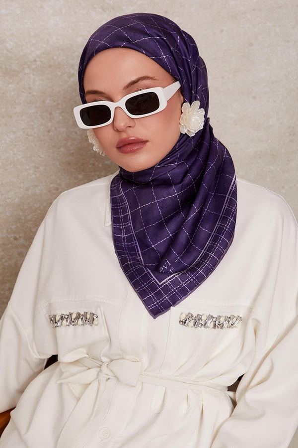 Lila Kareli Twill İpek Eşarp