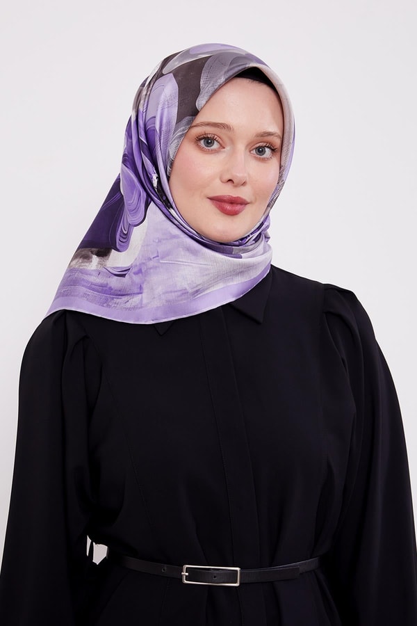 Lila Menekşe Desen Twill İpek Eşarp