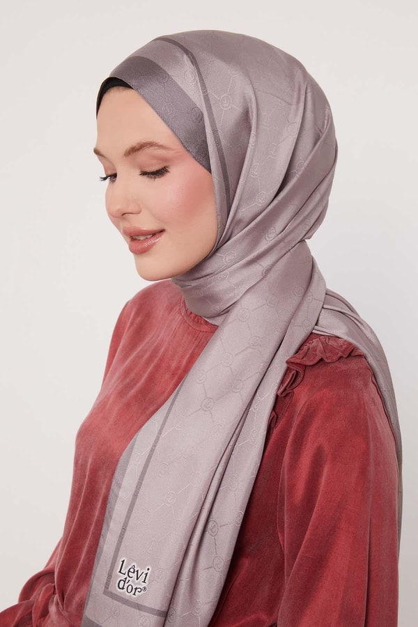 Lila Şerit Detay Monogram İpek Şal