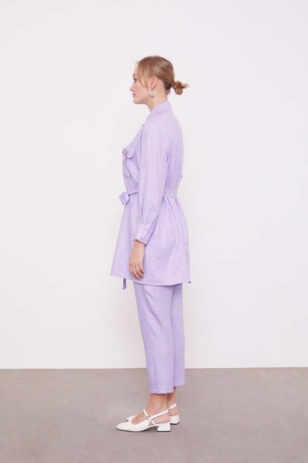 Lila Taşlı Cep Detaylı İkili Takım