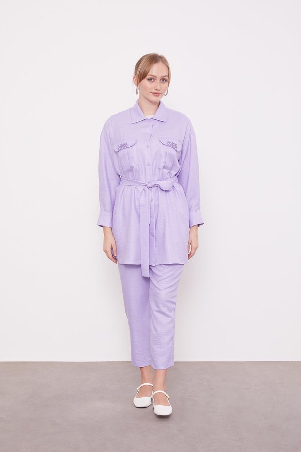 Lila Taşlı Cep Detaylı İkili Takım