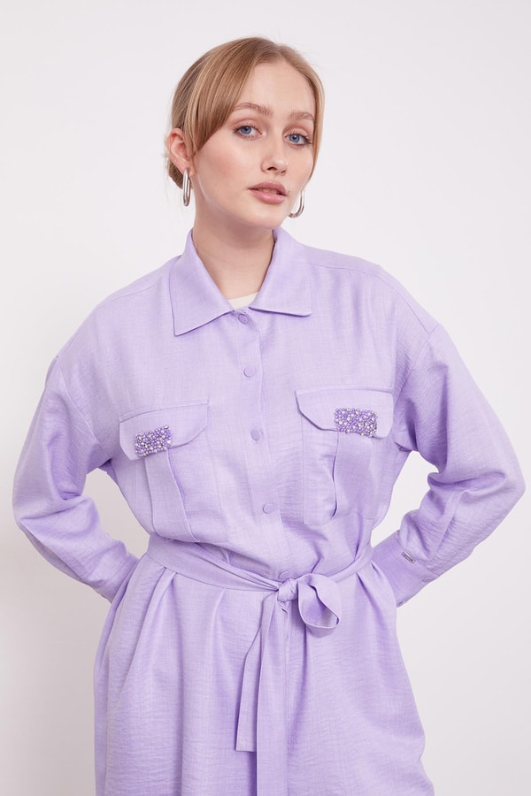 Lila Taşlı Cep Detaylı İkili Takım