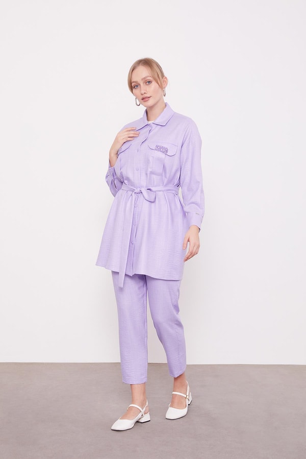 Lila Taşlı Cep Detaylı İkili Takım