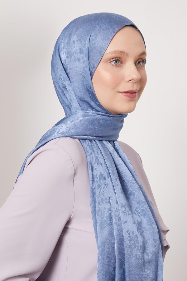 Mavi Çiçek Desen İtalyan Jakar Şal