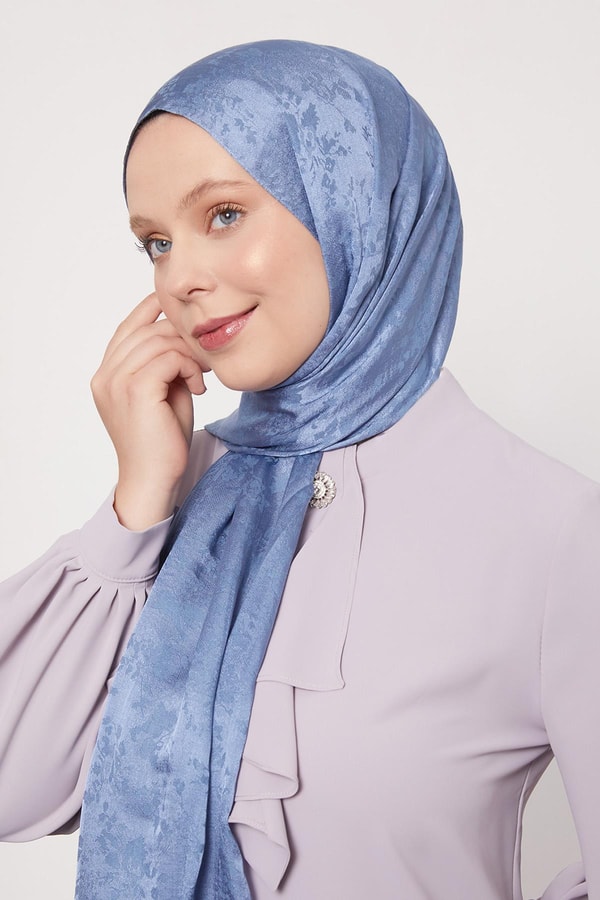 Mavi Çiçek Desen İtalyan Jakar Şal