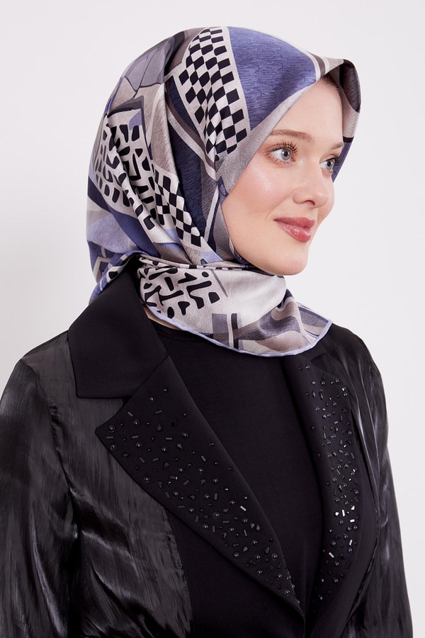 Mavi Dama Desen Twill İpek Eşarp