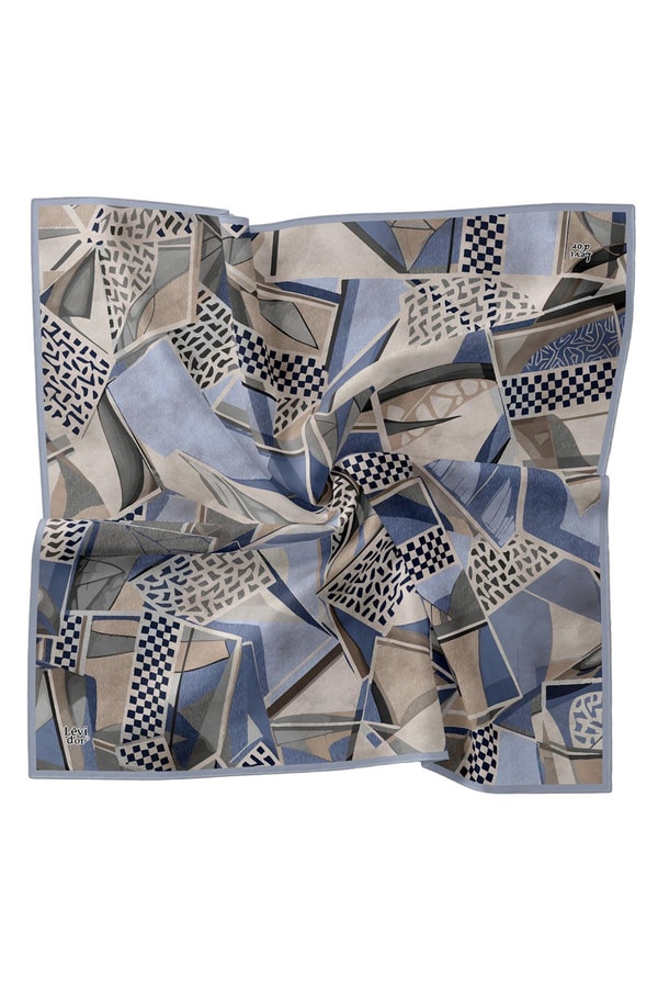 Mavi Dama Desen Twill İpek Eşarp