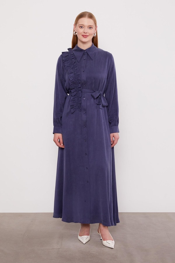 Mavi Düğme Detaylı Cupra Elbise