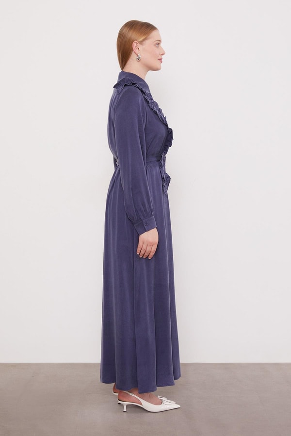 Mavi Düğme Detaylı Cupra Elbise