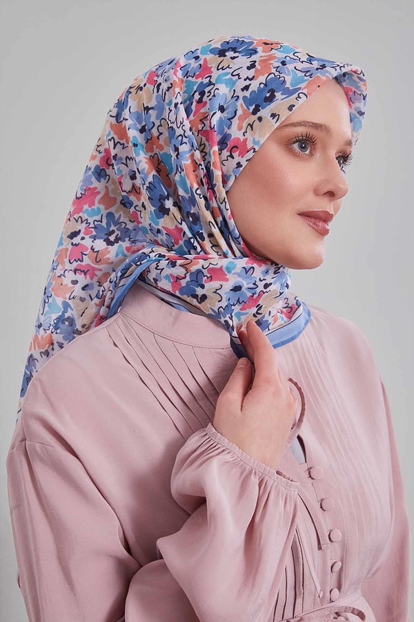 Mavi Karışık Çiçek Desen Soft Eşarp