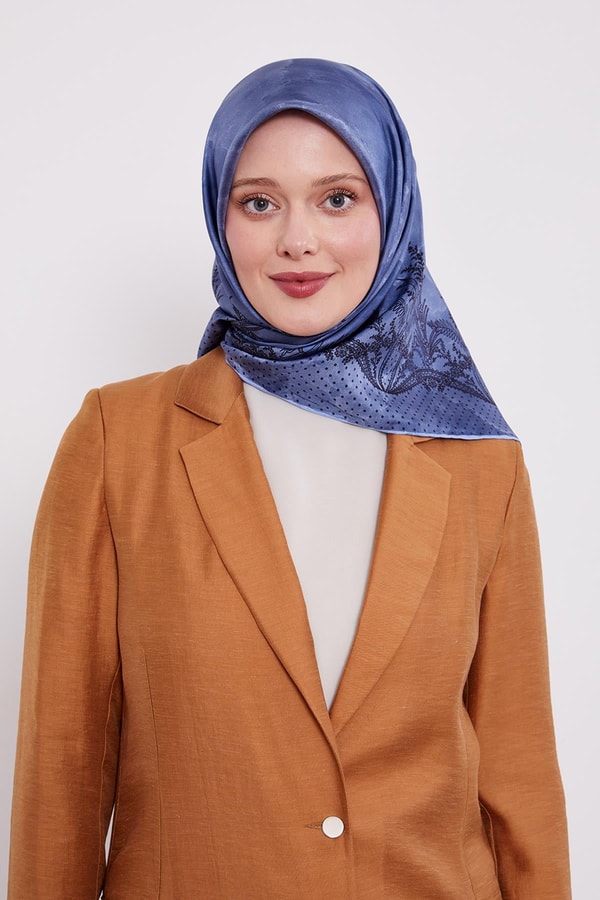 Kenar Benekli Twill İpek Eşarp Mavi