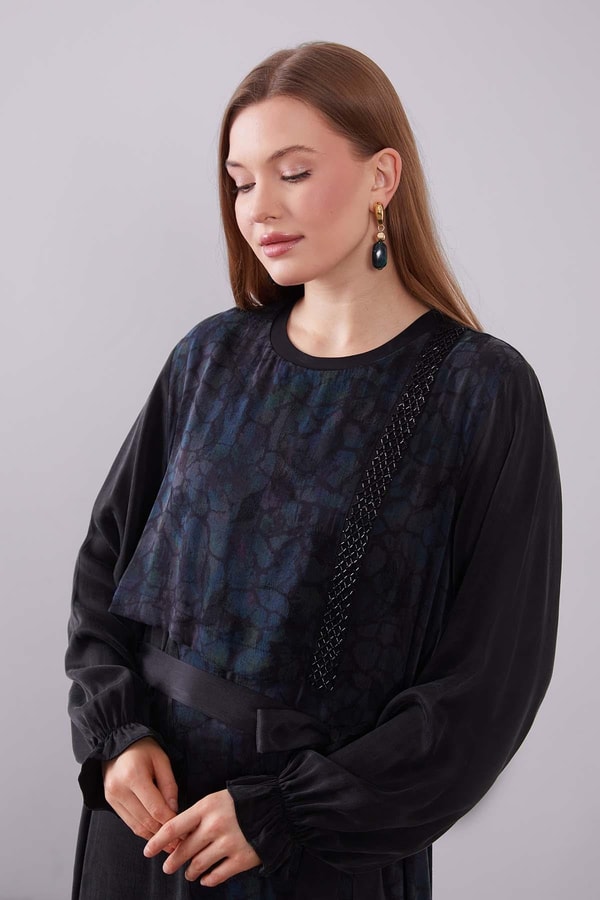 Mavi Kendinden Desenli Cupra Elbise