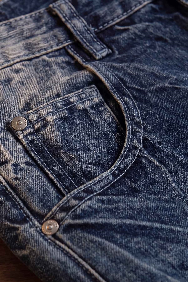 Mavi Kırışık Görünümlü Geniş Paça Jean