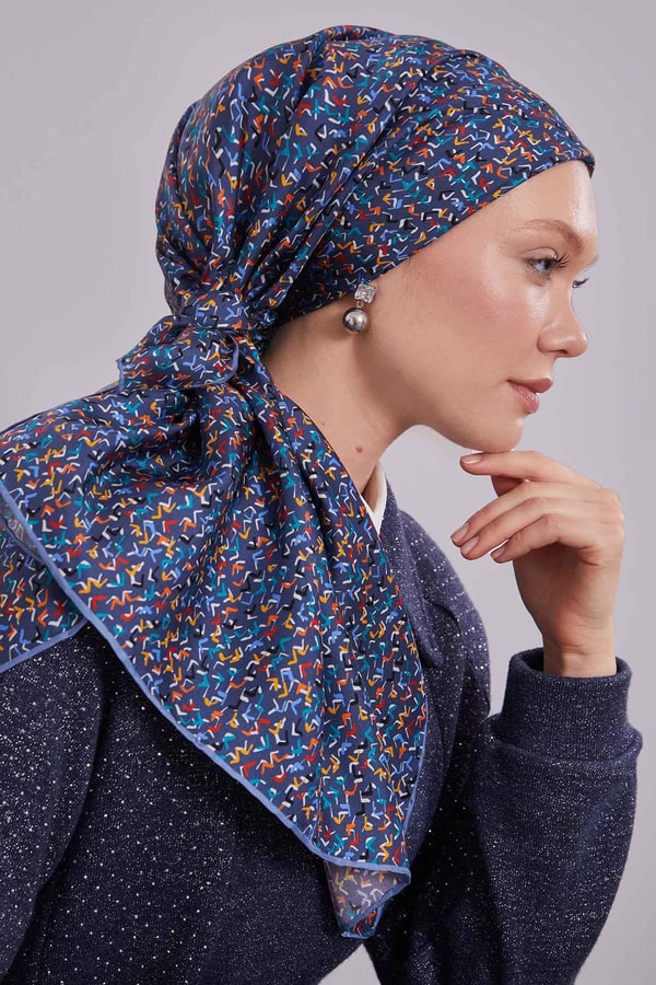 Mavi Mini Yazı Detay Twill İpek Eşarp
