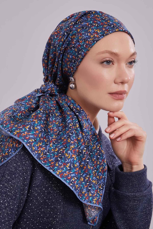 Mavi Mini Yazı Detay Twill İpek Eşarp