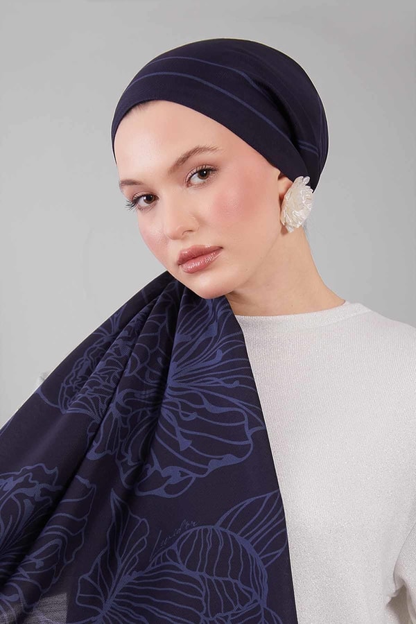 Mavi Sümbül Çiçek Desen Yün İpek Şal