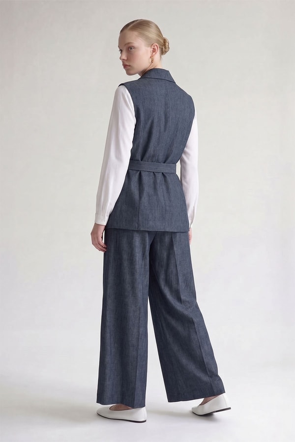 Taş İşlemeli Cepli Denim Yelek Pantolon İkili Takım Mavi