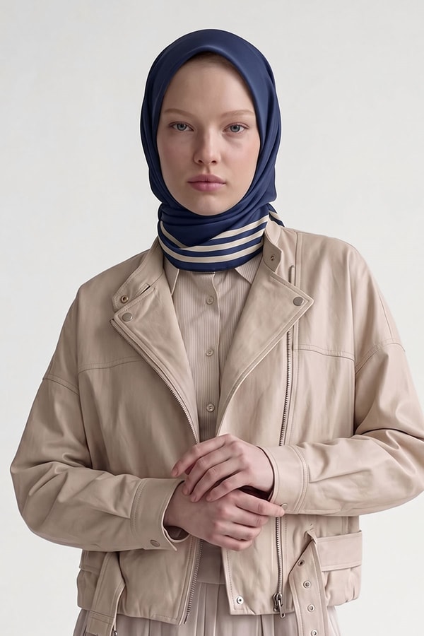 Mavi Üç Çizgi Detaylı Twill İpek Eşarp