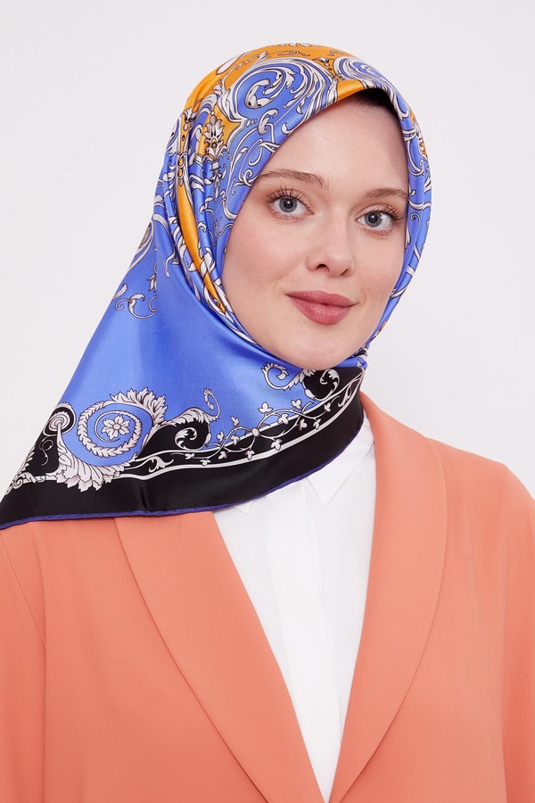 Mavi Varak Desenli Twill İpek Eşarp