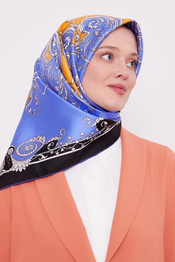 Mavi Varak Desenli Twill İpek Eşarp