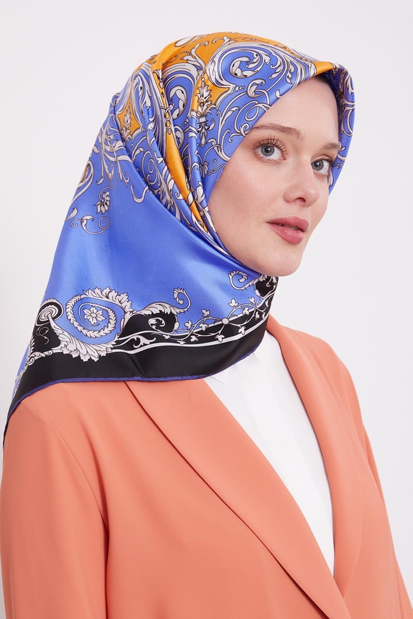 Mavi Varak Desenli Twill İpek Eşarp