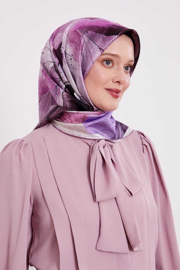 Menekşe Soyut Ebruli Desen Twill İpek Eşarp