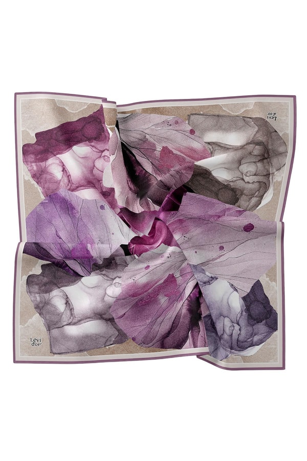 Menekşe Soyut Ebruli Desen Twill İpek Eşarp