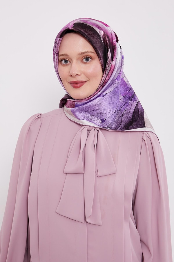 Menekşe Soyut Ebruli Desen Twill İpek Eşarp