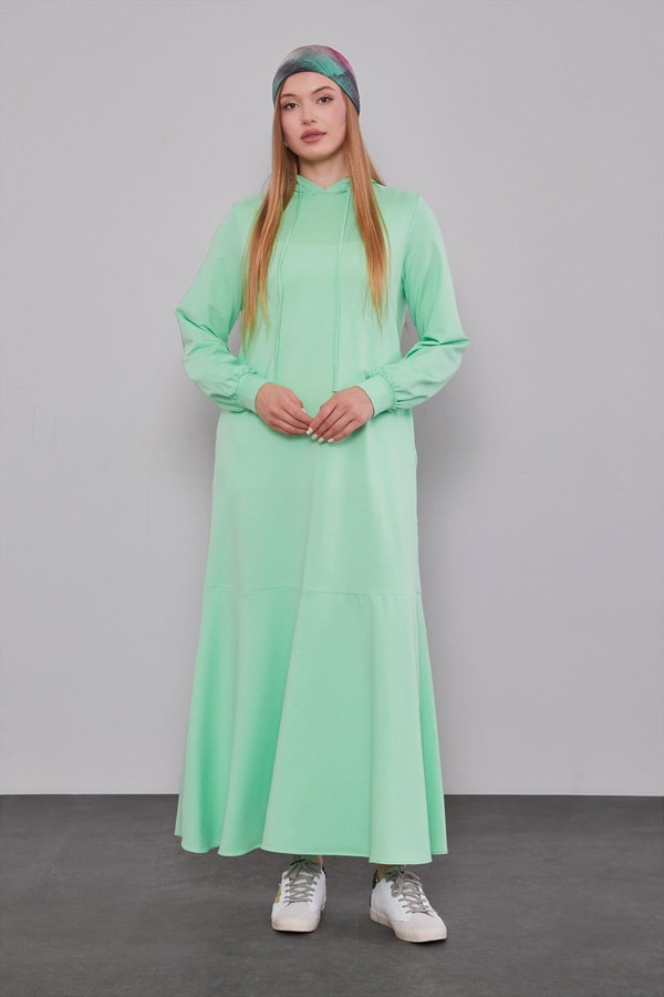Mint Yeşili Kapuşonlu Gizli Cep Detaylı Elbise