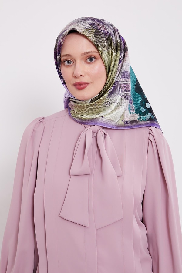 Mor İnce Çizgi Desen Twill İpek Eşarp
