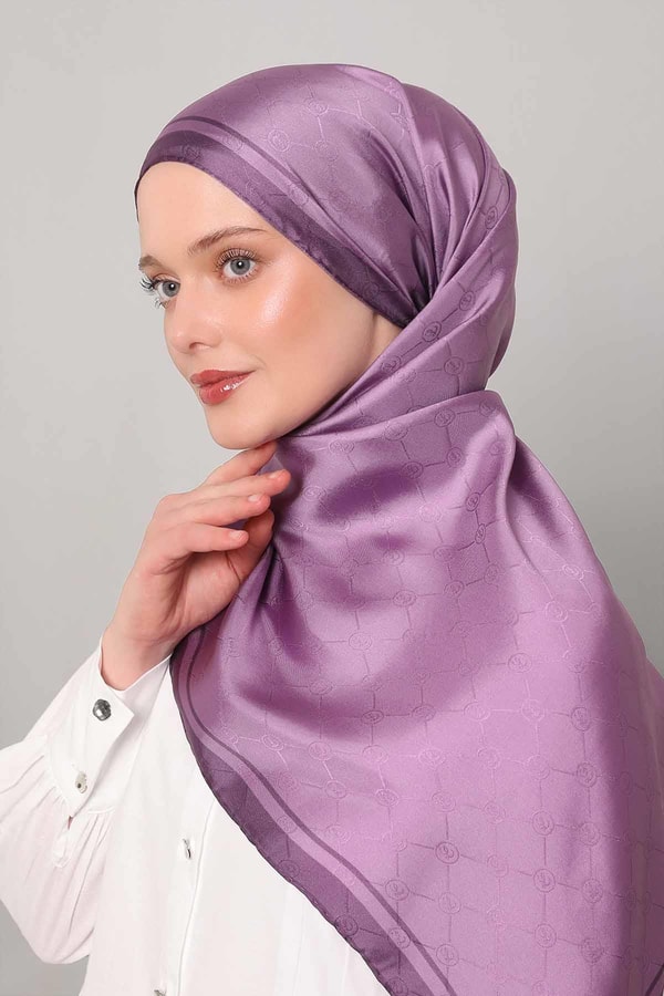 Mor Monogram Twill İpek Eşarp
