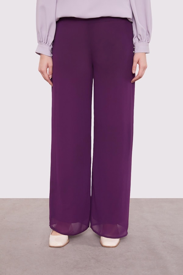 Mürdüm Bol Paça Şifon Pantolon