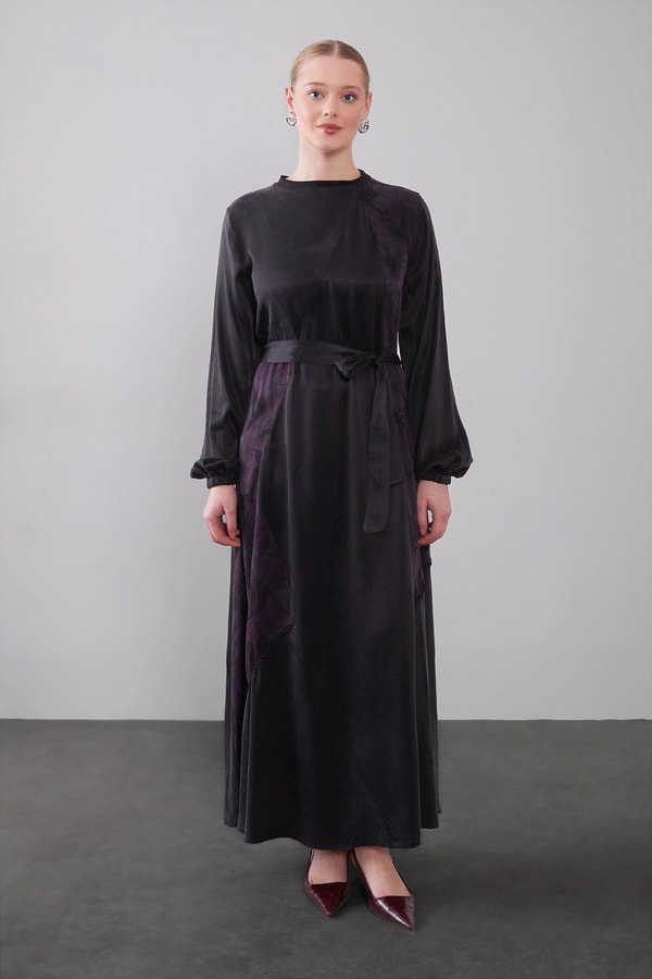 Mürdüm Kuşak Detaylı Kenar Desen Cupra Elbise