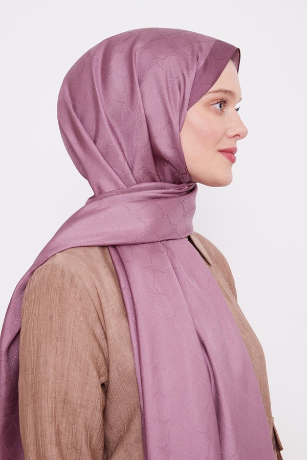 Mürdüm Petek Desen Monogram İpek Şal