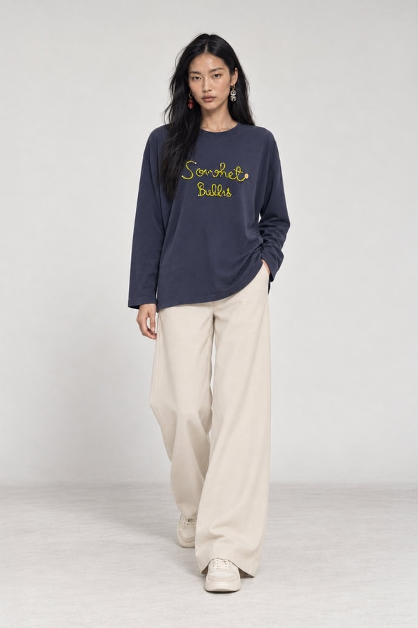 Nakışlı ve Boncuk Detaylı Oversize Sweatshirt İndigo