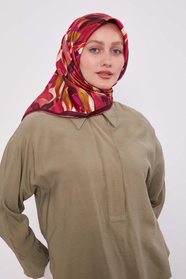 Nar Çiçeği Ebruli Desen Twill İpek Eşarp