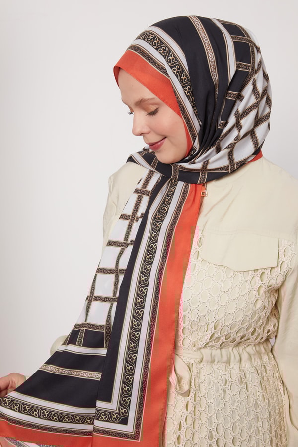 Oranj Şeritli Varak Desen Love Şal