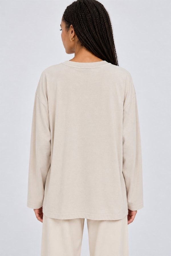 Pamuklu Yazı Detaylı Sweatshirt Bej