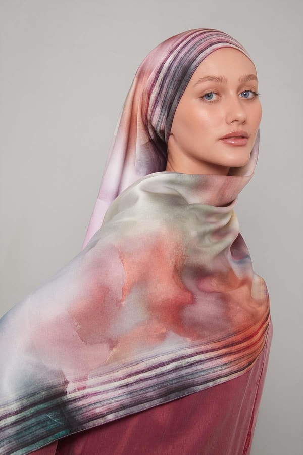 Pembe Ebruli Desen Twill Şal